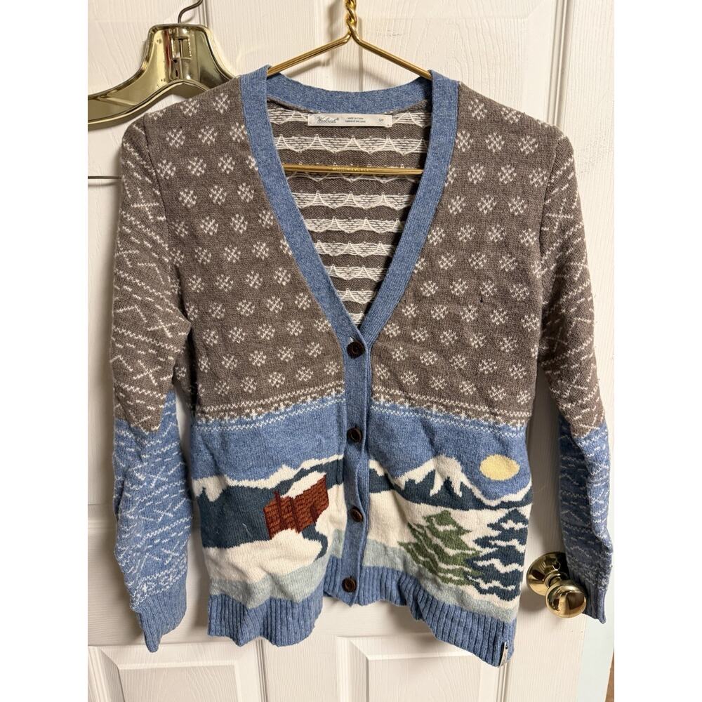 Woolrich Cardigan Sweater Small Knit Wool Winter Snow Cabin Christmas SP Hole - Picture 1 of 7